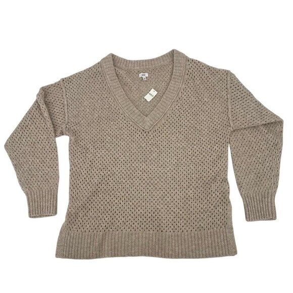 Aerie Oversized V-Neck Knit Sweater Size M Eyelet Beige NWT Beach Boho - Picture 1 of 11